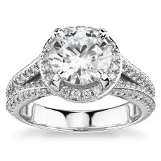 鉑金 Blue Nile Seattle Bella Vaughan 分岔戒指環雙密釘鑽石光環訂婚戒指（1 克拉總重量）